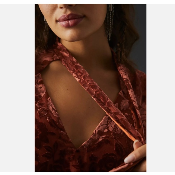 Anthropologie Rust Floral Velvet tie neck Blouse Size Small - Picture 5 of 12